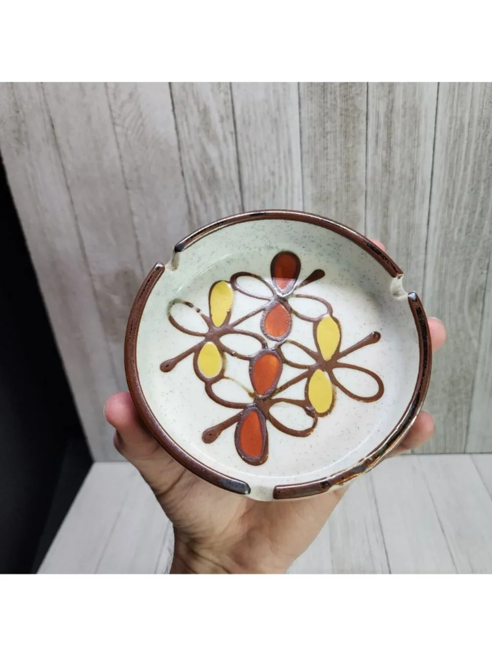 Vtg MCM Stoneware Ceramic Round Ashtray Art Pottery Floral Design 5
